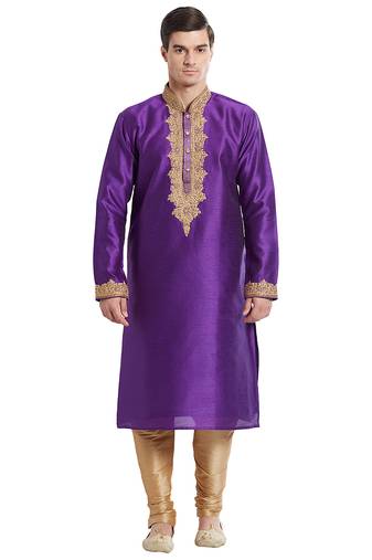 True purple art silk straight embroidery kurta for men's