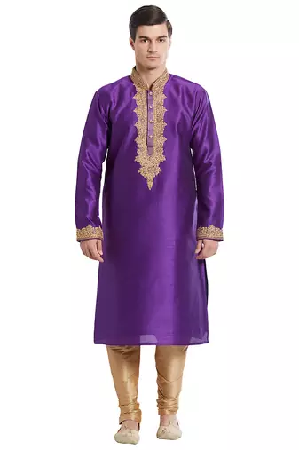 True purple art silk straight embroidery kurta for men's