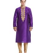 True purple art silk straight embroidery kurta for men's