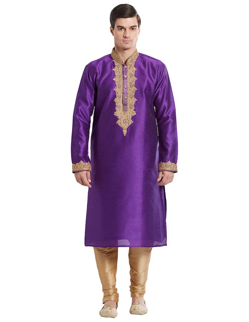 True purple art silk straight embroidery kurta for men's