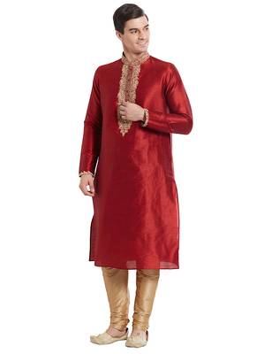 Maroon Art silk straight embroidery kurta for men's 5