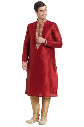 Maroon art silk straight embroidery kurta for men's