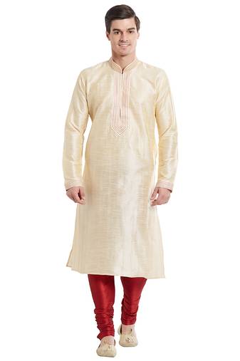 Fawn art silk straight stitched kurta for men's