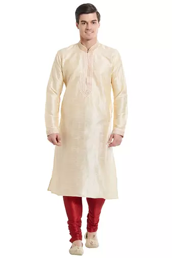 Fawn art silk straight stitched kurta for men's