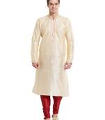 Fawn art silk straight stitched kurta for men's
