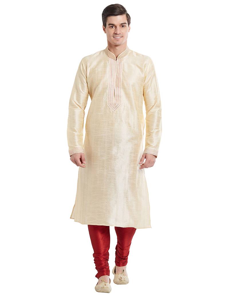 Fawn art silk straight stitched kurta for men's