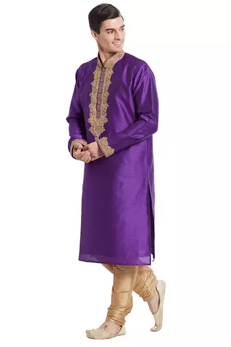 True purple art silk straight embroidery kurta for men's