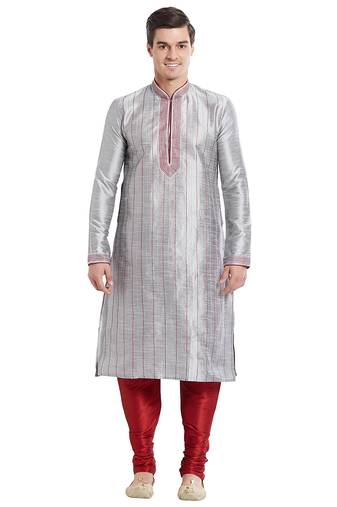 Grey art silk straight stitched kurta for men's