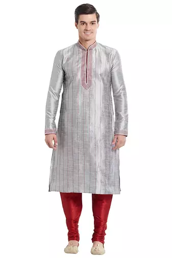 Grey art silk straight stitched kurta for men's