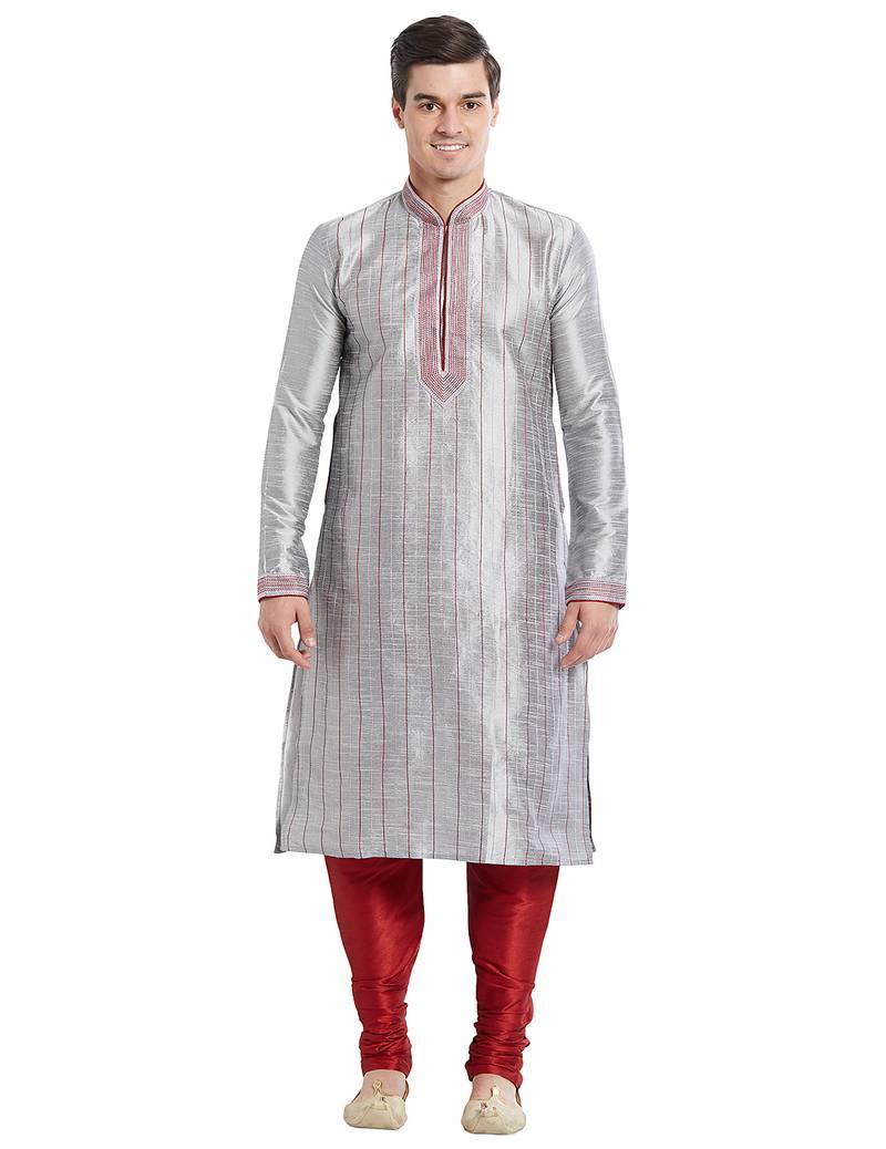 Grey art silk straight stitched kurta for men's