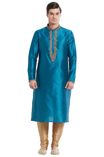 Rama green art silk straight embroidery kurta for men's