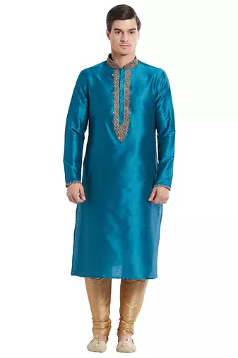 Rama green art silk straight embroidery kurta for men's