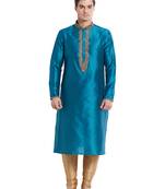 Rama green art silk straight embroidery kurta for men's