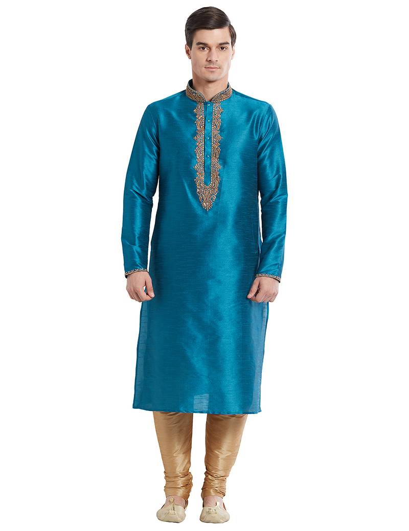 Rama green art silk straight embroidery kurta for men's