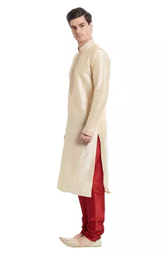 Fawn art silk straight stitched kurta for men's