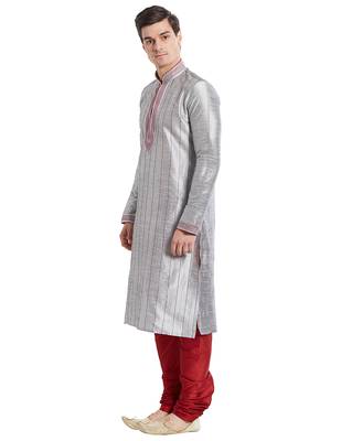 Grey Art silk straight stitched kurta for men's 2