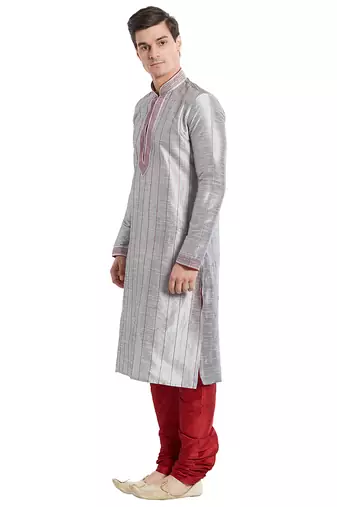 Grey art silk straight stitched kurta for men's
