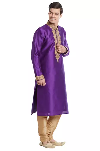 True purple art silk straight embroidery kurta for men's