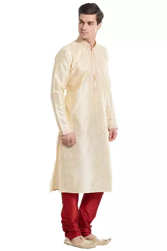 Fawn art silk straight stitched kurta for men's