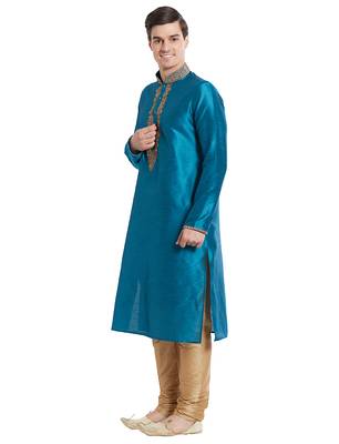 Rama green Art silk straight embroidery kurta for men's 2