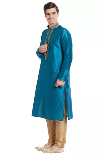 Rama green art silk straight embroidery kurta for men's