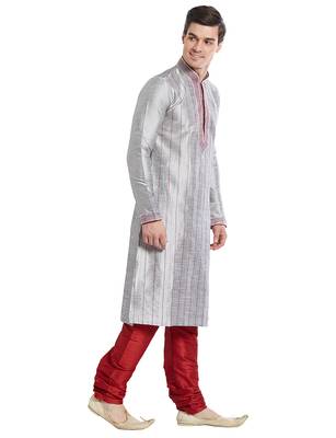 Grey Art silk straight stitched kurta for men's 3