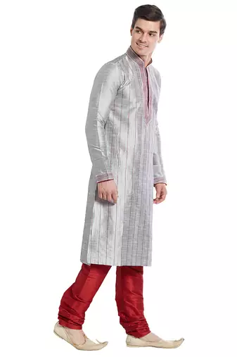 Grey art silk straight stitched kurta for men's