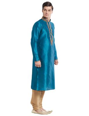 Rama green Art silk straight embroidery kurta for men's 3