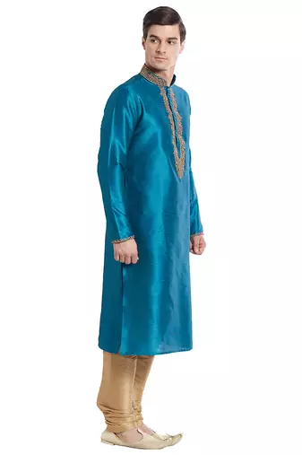 Rama green art silk straight embroidery kurta for men's