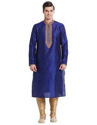 Blue Art silk straight embroidery kurta for men's 1