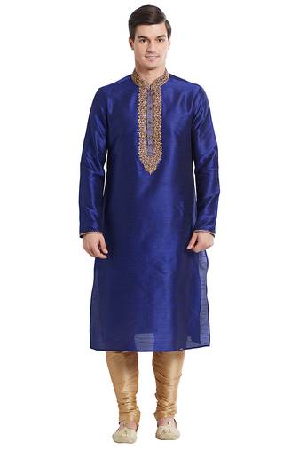 Blue art silk straight embroidery kurta for men's