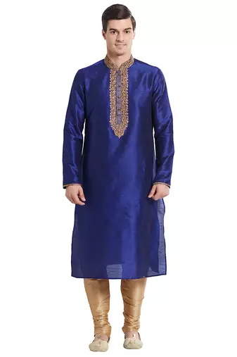 Blue art silk straight embroidery kurta for men's