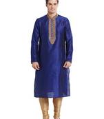 Blue art silk straight embroidery kurta for men's