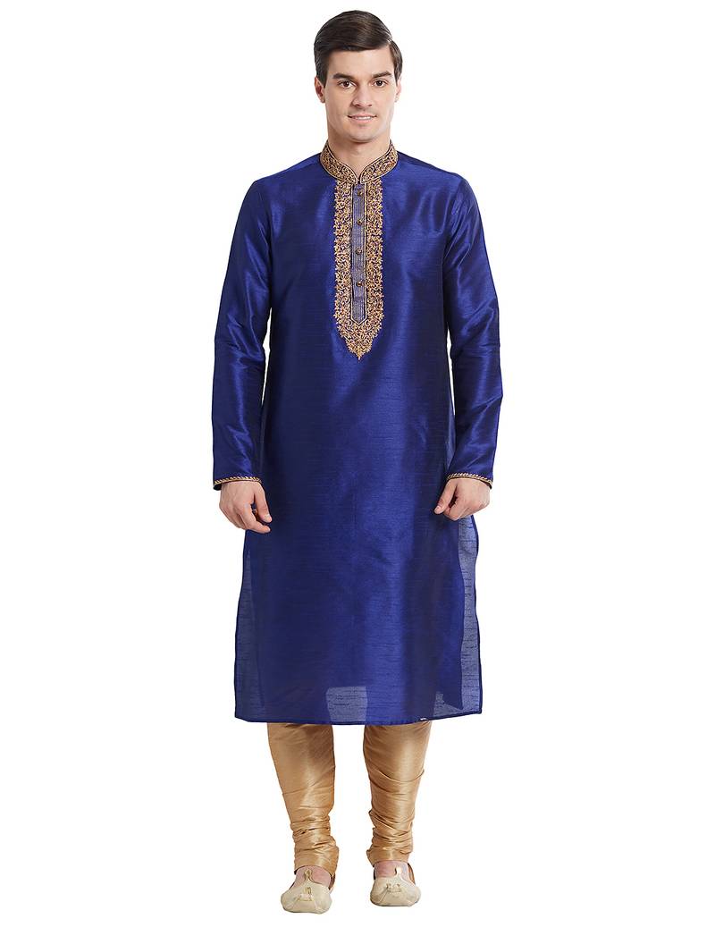 Blue art silk straight embroidery kurta for men's