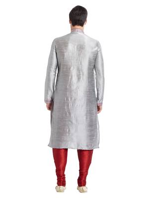 Grey Art silk straight stitched kurta for men's 4