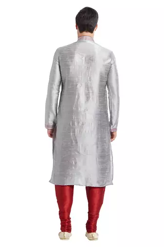 Grey art silk straight stitched kurta for men's