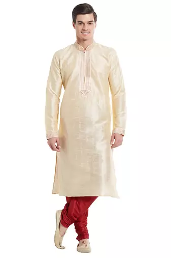 Fawn art silk straight stitched kurta for men's
