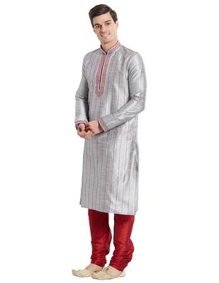 Grey Art silk straight stitched kurta for men's 5