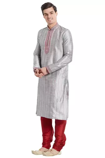 Grey art silk straight stitched kurta for men's