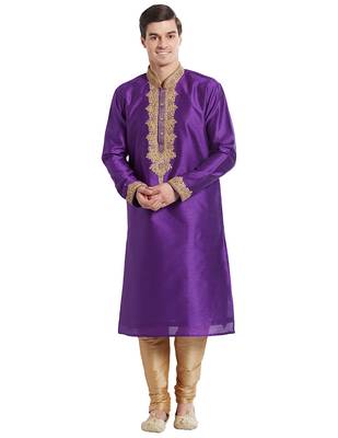 True purple Art silk straight embroidery kurta for men's 5