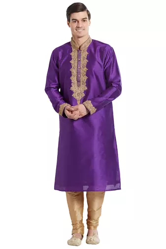 True purple art silk straight embroidery kurta for men's
