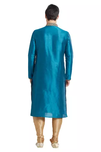 Rama green art silk straight embroidery kurta for men's