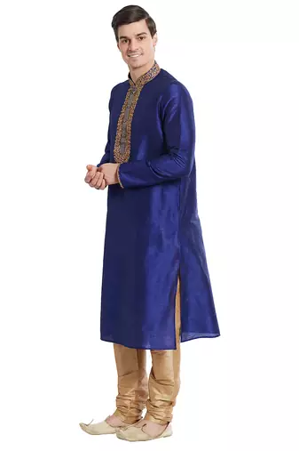 Blue art silk straight embroidery kurta for men's