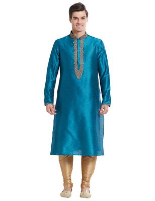 Rama green Art silk straight embroidery kurta for men's 5