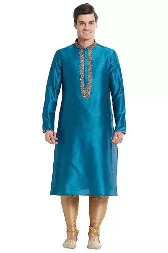 Rama green art silk straight embroidery kurta for men's