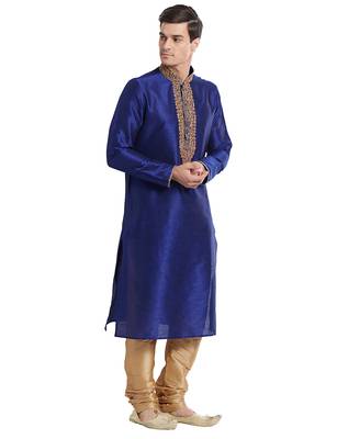 Blue Art silk straight embroidery kurta for men's 3
