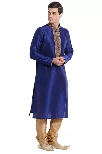Blue art silk straight embroidery kurta for men's