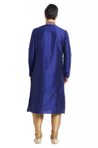 Blue art silk straight embroidery kurta for men's