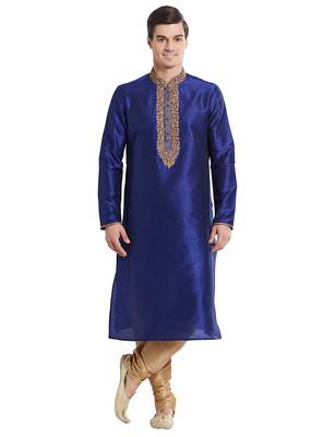 Blue Art silk straight embroidery kurta for men's 5