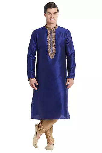 Blue art silk straight embroidery kurta for men's